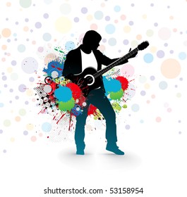 silhouette music men play a guitar with color ink splat background, Vector Illustration, more background here.