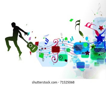 silhouette music men play a guitar with color wave line background, Vector Illustration,