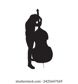 silhouette music. musician. cello player. bass. man. black isolated white background