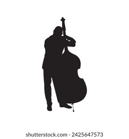 silhouette music. musician. cello player. bass. man. black isolated white background