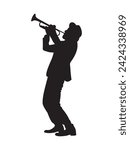 silhouette music. sexophone musician. male. trumpet. concert. musical wind instrument. isolated white background