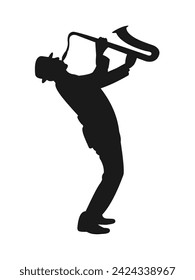 silhouette music. sexophone musician. male. trumpet. concert. musical wind instrument. isolated white background