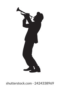 silhouette music. sexophone musician. male. trumpet. concert. musical wind instrument. isolated white background