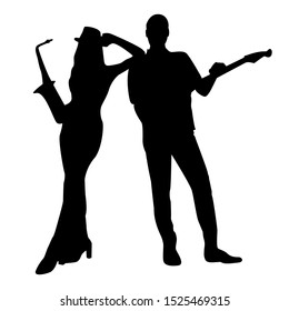 Silhouette Of Musical Duet With Guitar And Saxophone. Silhouettes Of Female Saxophonist  And Male Guitarist