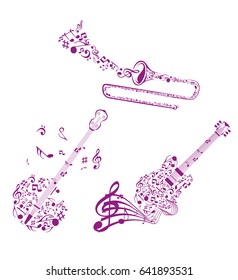 silhouette of musical instruments formed by musical notes vector illustration