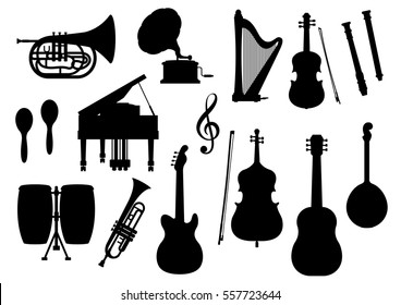 Silhouette of musical instruments. Vector icons of harp, contrabass and piano, maracas, saxophone and gramophone, jembe drums, jazz trumpet, acoustic guitar and banjo or lute, violin bow, flute