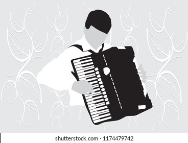 Silhouette musician, accordion player on white background, vector illustration.