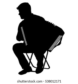 Silhouette musician, accordion player on white background, vector illustration.