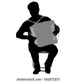 Silhouette musician, accordion player on white background, vector illustration.