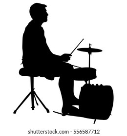 Silhouette musician drummer on white background, vector illustration.