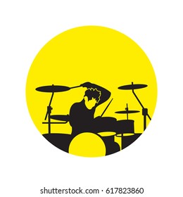 Silhouette musician drummer In Simple Style Isolated On Round Background. Created For Mobile, Web, Decor, Print Products, Application