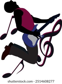 Silhouette of a musician jumping while playing an electric guitar, surrounded by musical notes