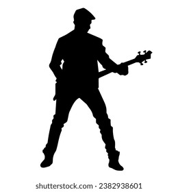 Silhouette of a musician playing electric guitar musical instrument. Silhouette of a male guitar player performing.