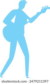 Silhouette Musiker spielen Gitarre blaue Vektorillustration isoliert weißen Hintergrund. Gitarrist bei der Aufführung von Musik, Rock, Gitarrist Stand Silhouette. Silhouettenfigur hält Gitarre, Musiker