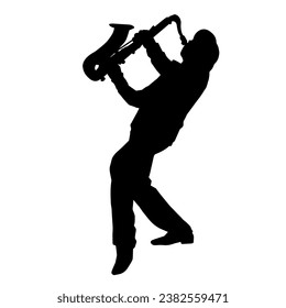 Silhouette of a musician playing saxophone music instrument. 