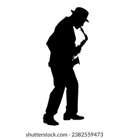 Silhouette of a musician playing saxophone music instrument. 