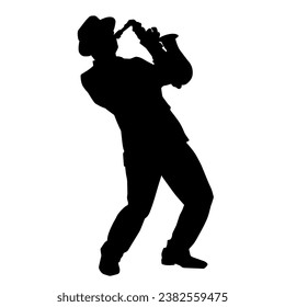 Silhouette of a musician playing saxophone music instrument. 