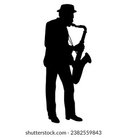 Silhouette of a musician playing saxophone music instrument. 