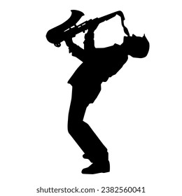 Silhouette of a musician playing saxophone music instrument. 