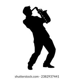 Silhouette of a musician playing saxophone music instrument. 