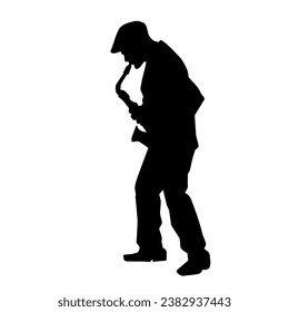 Silhouette of a musician playing saxophone music instrument. 