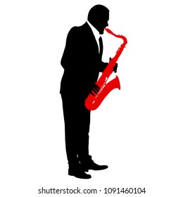 Silhouette of musician playing the saxophone on a white background