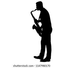 Silhouette of musician playing the saxophone on a white background