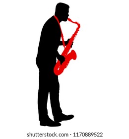 Silhouette of musician playing the saxophone on a white background