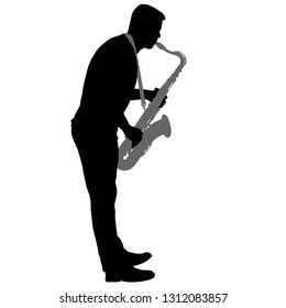 Silhouette of musician playing the saxophone on a white background