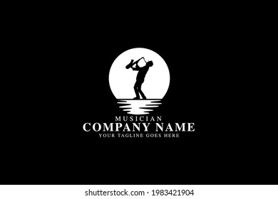 Silhouette of musician playing saxophone at sunset. logo design