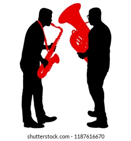 Silhouette of musician playing the saxophone and tuba on a white background