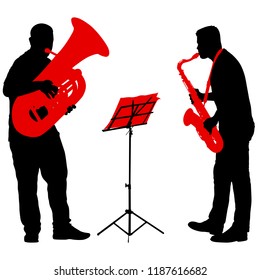 Silhouette of musician playing the saxophone and tuba on a white background