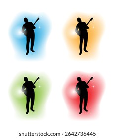 Silhouette of a Musician Playing a Solo on Guitar Color Background. Art and music people, performing on stage for audience vector art