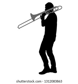 Silhouette of musician playing the trombone on a white background