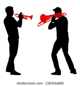 Silhouette of musician playing the trombone and trumpet on a white background