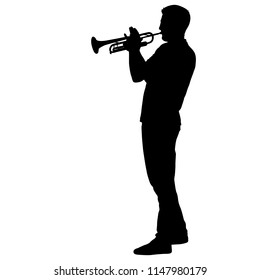 Silhouette of musician playing the trumpet on a white background