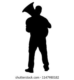 Silhouette of musician playing the tuba on a white background