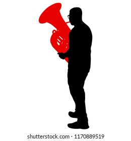 Silhouette of musician playing the tuba on a white background
