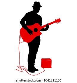 Silhouette musician plays the guitar on a white background.