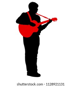 Silhouette musician plays the guitar on a white background.
