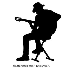 Silhouette musician plays the guitar on a white background