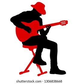 Silhouette musician plays the guitar on a white background