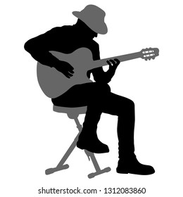 Silhouette musician plays the guitar on a white background