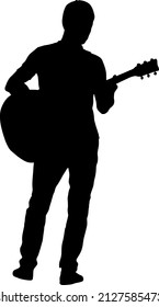 Silhouette musician plays the guitar on a white background.