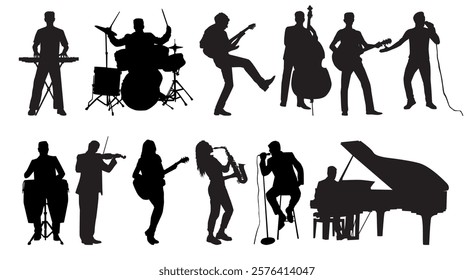 silhouette of musician set. Band member musician silhouette collection set. 