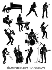 Silhouette of musicians in action: pianist, singer, guitarist, keybiardist,bassist, contrabassist