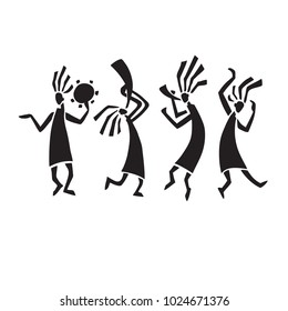 Silhouette of musicians and dancers. Dancing in traditional ethnic style. Vector Illustration