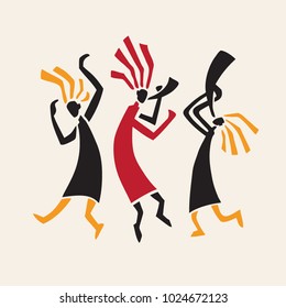 Silhouette of musicians and dancers. Dancing in traditional ethnic style. Vector Illustration