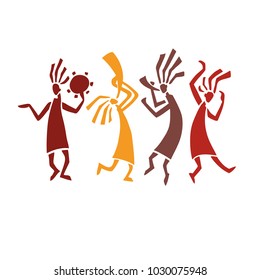 Silhouette of musicians and dancers. Dancing in traditional ethnic style. Vector Illustration