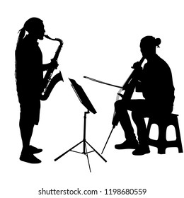 Silhouette of musicians playing the saxophone and cello on a white background.